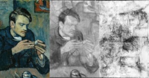 A triptych showing Picasso's "Le Gourmet." The first is in full color, showing a man looking at food. The middle panel is a grayscale version with less detail. The last has layers stripped away, revealing a ghostly, abstract appearance.