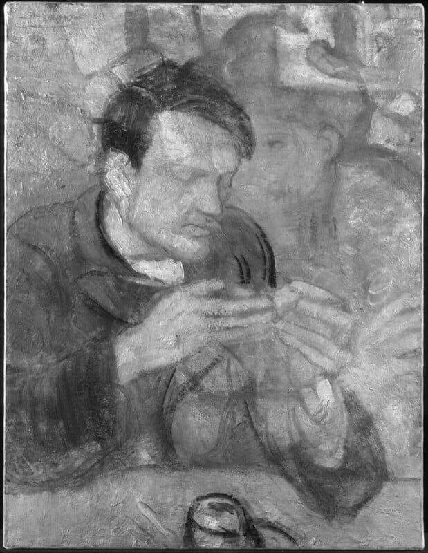 Black and white painting of a man deeply focused, examining an object in his hands. A blurred background suggests another figure looking on. The scene conveys an atmosphere of concentration and introspection.