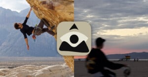 A rock climber ascends a steep cliff on the left, with a desert landscape in the background. On the right, a person rides a bicycle along a beach at sunset. An icon with an abstract eye design is centered between the two scenes.