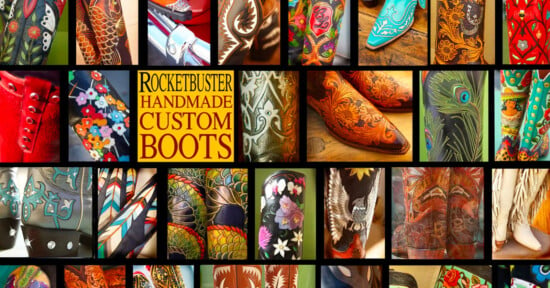 Collage of colorful, intricately designed handmade boots featuring floral, animal, and geometric patterns. Central text reads "Rocketbuster Handmade Custom Boots." Various close-up details showcase vibrant embroidery and unique designs.