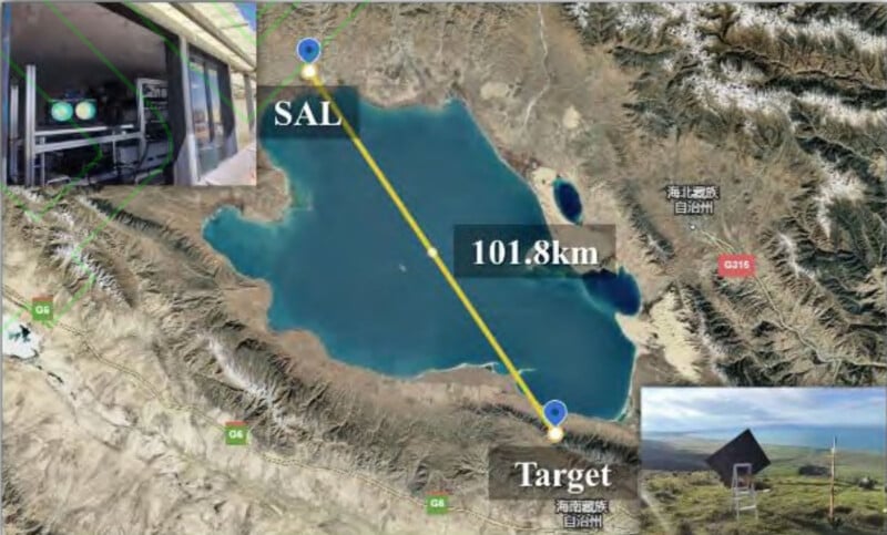 A satellite map shows a 101.8 km line labeled "SAL" to "Target" across a large lake. Insets depict equipment in a building and a small structure in a mountainous area. Text in the image contains annotations in English and another language.