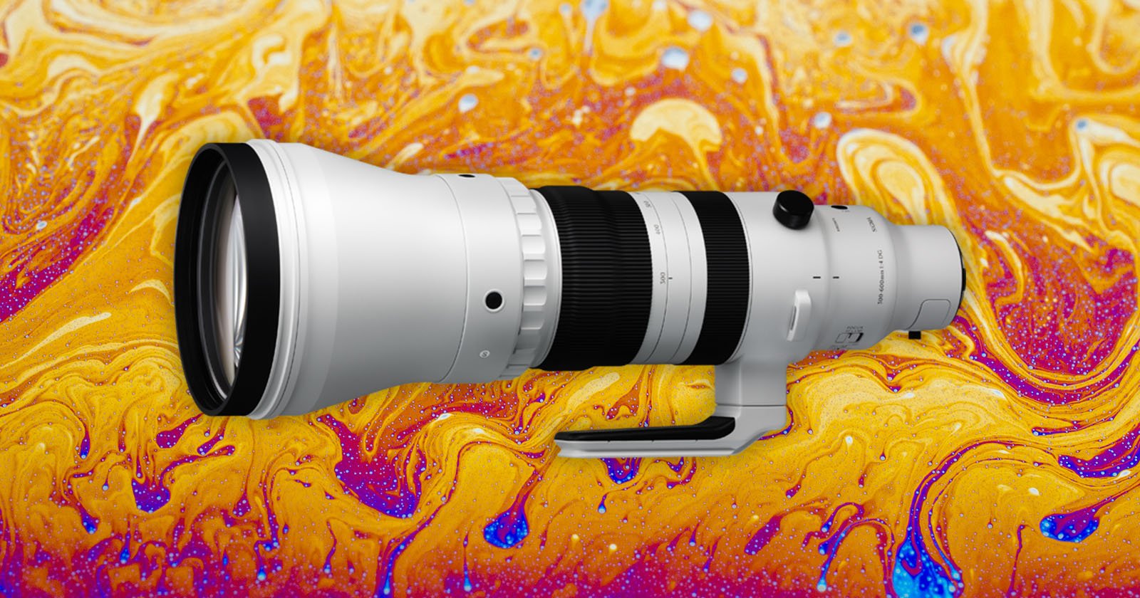 A large, white telephoto camera lens is set against a swirling, colorful background with shades of yellow, orange, and pink. The lens is positioned horizontally, showcasing its detailed design and tripod mount foot.