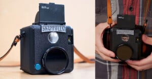 Two images of a black camera named "Snapflex." On the left, the camera is on a table, showing its lens and top section. On the right, a person holds the camera with a strap, showing the same features from a different angle.