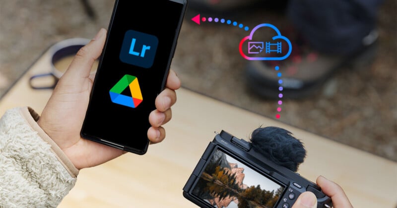 Person holding a smartphone displaying Lightroom and Google Drive icons. Another hand holds a camera showing a landscape photo. Dotted lines connect the phone and camera to a cloud icon with media symbols, indicating sharing or uploading.