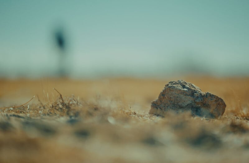 Close-up of a rock on dry grass in a desert landscape, with blurred background of a solitary figure in the distance under a blue sky. The scene conveys an arid and isolated environment.