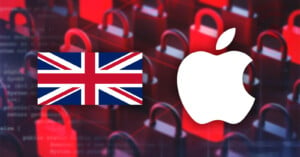 The image features the UK flag and the Apple logo against a background of red padlocks, symbolizing data security or digital communication.