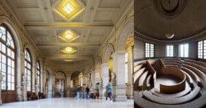 A grand hall with ornate ceilings and arched windows is shown on the left. On the right, a round lecture hall with tiered wooden seating and large windows is depicted. Sparse figures can be seen in the hallway.