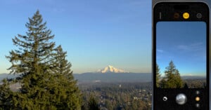 A landscape showing a mountain in the distance under a clear blue sky, with a large evergreen tree in the foreground. On the right, a smartphone screen displays a photo of the same scene.