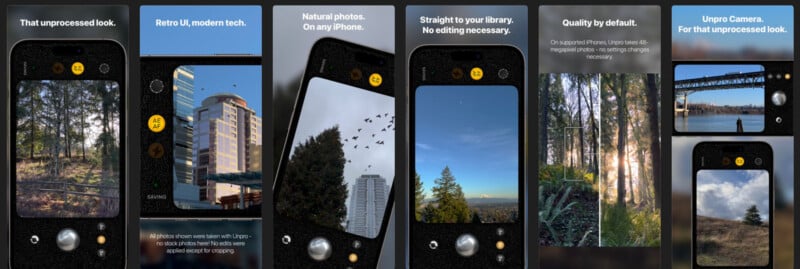 A collage of six images showcasing a camera app interface on a smartphone. The images feature natural landscapes, a city skyline, trees, and a bridge. Text highlights features like unprocessed and retro-style photos, no editing needed, and modern tech.