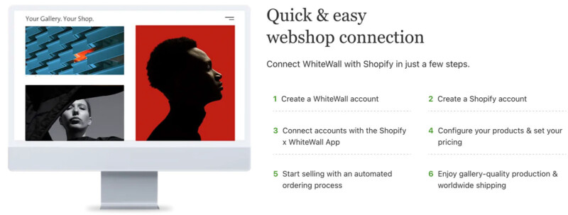 Computer screen displaying a webshop interface with two abstract portrait images. Text on the right lists steps to connect WhiteWall with Shopify, highlighted with icons in green and black. The heading reads "Quick & easy webshop connection.