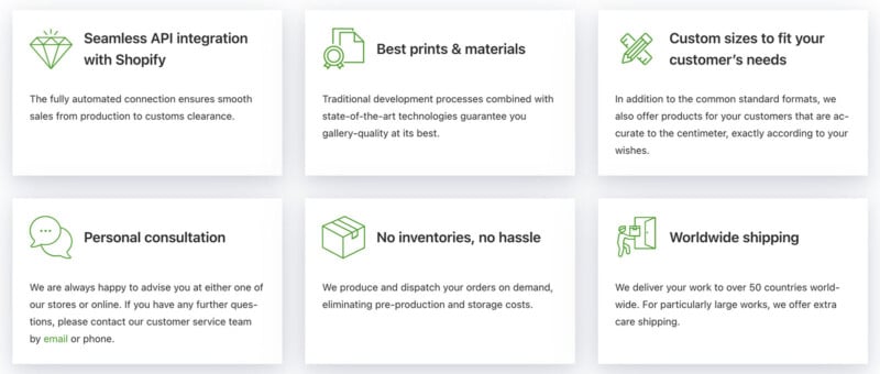 A series of six informational cards with icons. Topics include: Shopify API integration, best prints and materials, custom sizes, personal consultation, no inventories, and worldwide shipping. Each card emphasizes quality and customer focus.