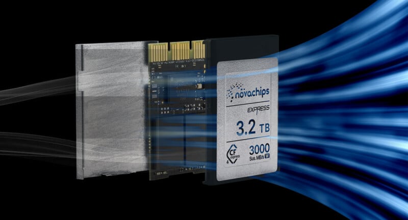 Image of a solid-state drive (SSD) with "3.2 TB" and "3000" written on it. The drive is partially transparent, showing internal circuitry. Blue streaks symbolize speed, moving from right to left, against a black background.