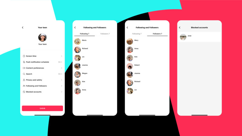 Four smartphone screens display various app settings: 1) Settings menu with options like screen time and privacy. 2) Following list with user icons and names. 3) Followers list with user icons and names. 4) Blocked accounts list showing one user.