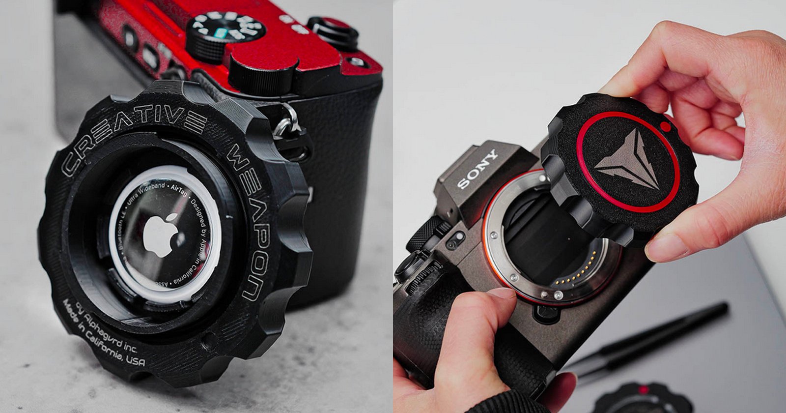 Close-up of two cameras with unique lens caps resembling weapon components. The left camera has "Creative Weapon" on the cap with an Apple logo inside. The right camera shows hands placing a cap with a red and gray design on a Sony camera.