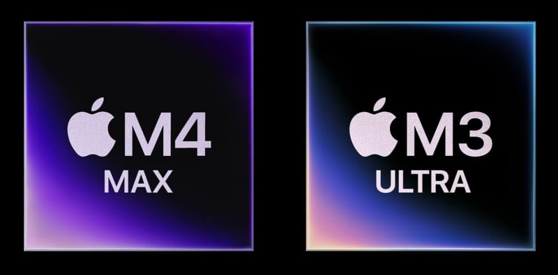 Two square shapes display Apple chip designs on a dark background. The left shows "M4 MAX" with a purple gradient. The right shows "M3 ULTRA" with a multicolor gradient. Both feature the Apple logo above the text.