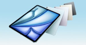 A sleek tablet with a vibrant blue screen is displayed at an angle. Behind it, four more tablets fan out, featuring colors in shades of white, gray, and cream against a light blue background.