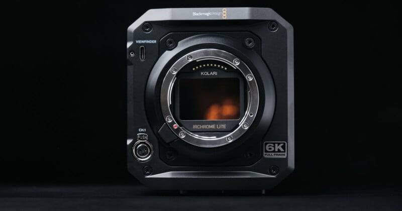 A front view of a Blackmagic Design camera body featuring a Kolari IR Chrome Lite filter. The camera is black and grey with various controls and a 6K full-frame label on the bottom right corner, set against a black background.