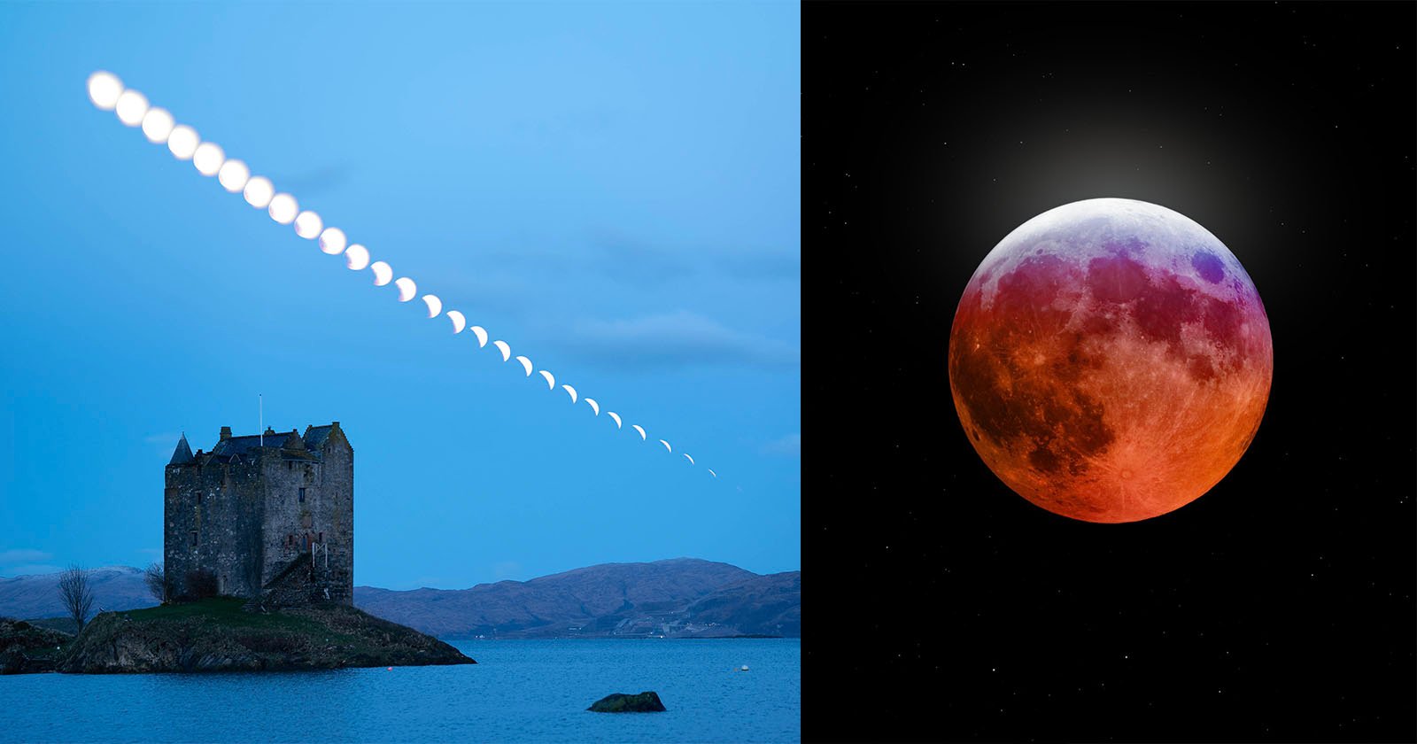 A composite image showing a sequence of the moon's phases on the left, over a castle by the water, transitioning to a detailed close-up of a blood moon on the right, set against a starry night sky.