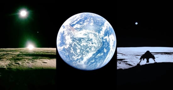 A triptych image: left shows the sun and earth over the moon's horizon; center displays Earth from space, showing its blue oceans; right depicts a lunar module's shadow on the moon with the Earth visible in the sky.