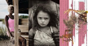 A collage of three images: a person in a pink swimsuit seated outdoors, a black-and-white portrait of a girl with curly hair in a striped top, and an abstract artwork featuring a chair, paperclips, and a hand emerging from a floral design.