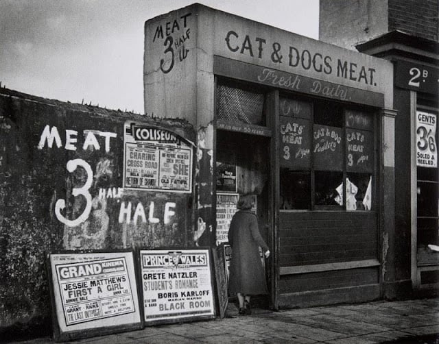 Black and white image of a woman entering a shop labeled "Cat & Dogs Meat." Signs advertise "Meat 3d per lb." Posters for theater shows are on the walls, including "Jessie Matthews" and "Boris Karloff." Sidewalk and old brick wall visible.