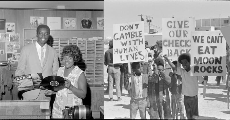 On the left, a man and woman hold a B.B. King record in a music store. On the right, people protest holding signs that say "Don't gamble with human lives," "Give our check back," and "We can't eat moon rocks.