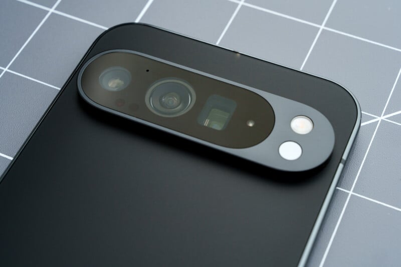 Close-up of a smartphone's rear camera setup on a dark surface with a grid pattern. The camera module includes multiple lenses and sensors within a black rectangular housing on the phone's matte black exterior.