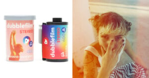 A photograph split into two sections: on the left, two rolls of "dubblefilm STEREO 400" film in colorful packaging. On the right, a person with curly hair sits outdoors, covering their mouth with their hand, smiling at the camera.