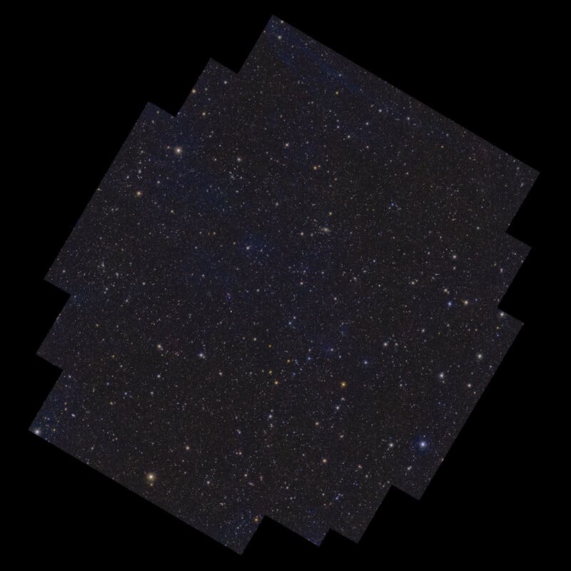 A detailed image of the night sky filled with countless tiny stars and clusters, set against a deep black background. The arrangement forms a slightly irregular geometric pattern around the edges.
