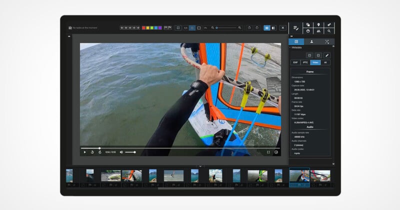 A computer screen displays video editing software showing a first-person view of someone windsurfing. The video is in the main editing area, with various tools, settings, and a film strip of video clips at the bottom.