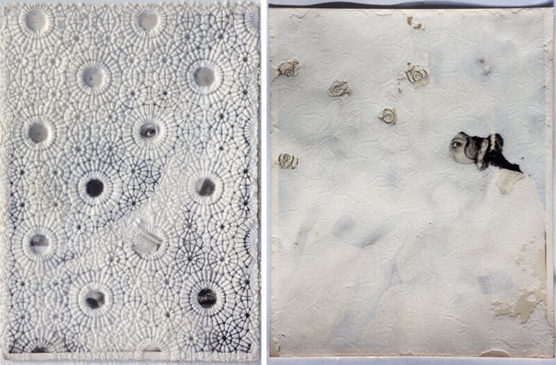 Left side: Abstract pattern resembling sunbursts against a textured, white background. Right side: Subtle swirls and a few scattered, faded floral shapes on a white surface, with a partial face peeking from the right edge.