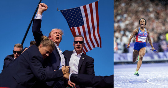 Split image: On the left, a group of people, some in suits, stand beneath a large American flag against a blue sky. On the right, an athlete in a blue and orange outfit sprints energetically on a track with a cheering crowd in the background.
