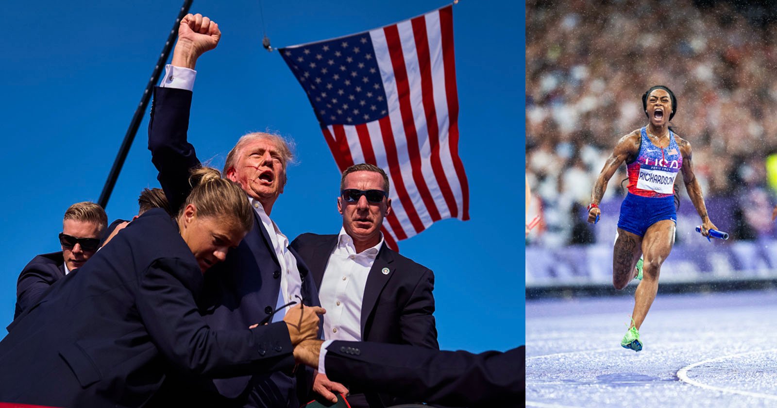 Split image: On the left, a group of people, some in suits, stand beneath a large American flag against a blue sky. On the right, an athlete in a blue and orange outfit sprints energetically on a track with a cheering crowd in the background.