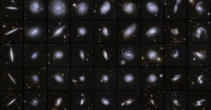 A grid displaying various galaxies captured by the Hubble Space Telescope. Each square shows galaxies with different shapes and spiral patterns against a dark background speckled with distant stars.