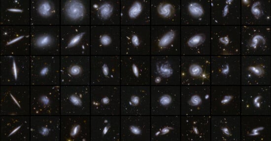 A grid displaying various galaxies captured by the Hubble Space Telescope. Each square shows galaxies with different shapes and spiral patterns against a dark background speckled with distant stars.