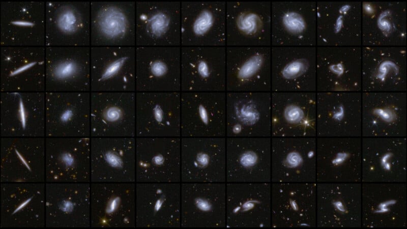 A grid of diverse spiral galaxies captured by the Hubble Space Telescope. Each square displays a galaxy in various orientations and formations, showcasing bright cores, swirling arms, and cosmic dust against a dark background.