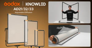 A promotional image for Godox adjustable diffusion panels, featuring models AD21, AD32, and AD33. Includes a side-by-side comparison of three panels, a person assembling a frame, and hands rolling out a diffusion sheet.