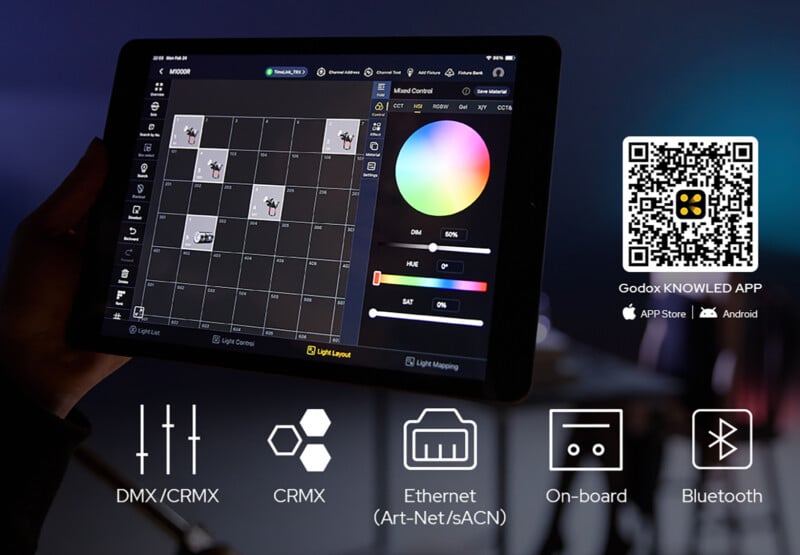 A person holds a tablet displaying a lighting control interface with color wheel and settings. Below are icons for DMX, CRMX, Ethernet, On-board, and Bluetooth connectivity. A QR code and app download info are in the top right corner.