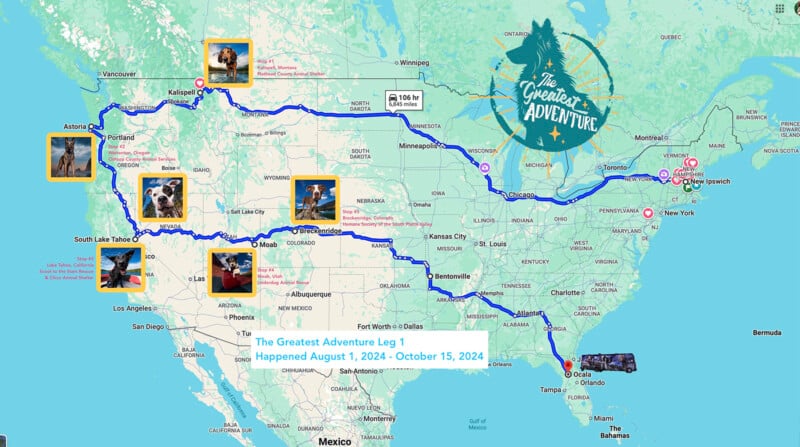 A map of the United States showing a road trip route from New York to Astoria, Oregon, then south and back east to Orlando, Florida. The title reads, 