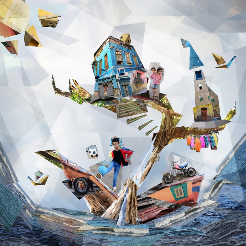 A surreal collage featuring a twisted tree with a house, people, a lighthouse, and various objects like a motorcycle, dice, and clothes. The scene blends realistic and abstract elements with a water background and floating geometric shapes.