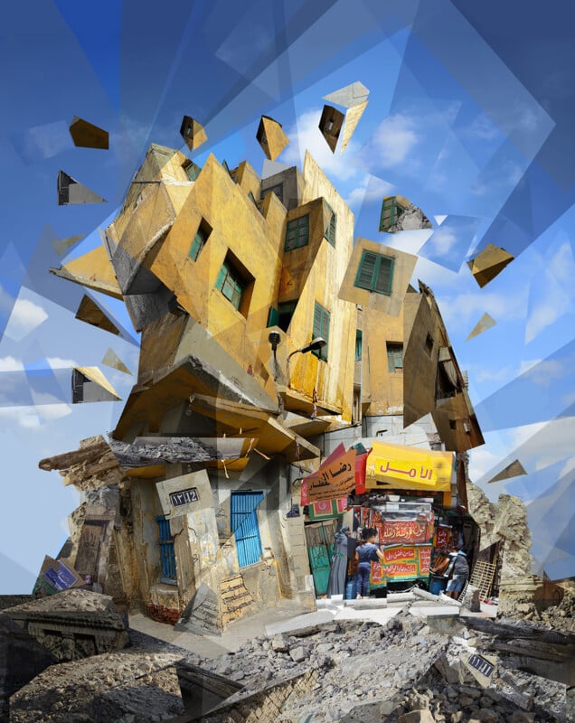A surreal image of a yellow, fragmented building appearing to float and disintegrate in the sky. Below, a small store with Arabic signs is surrounded by rubble. The scene combines elements of destruction and architectural distortion.