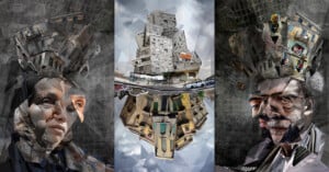 A surreal collage featuring three panels. The left and right show abstract portraits of a woman and a man, each with architectural elements forming their headgear. The central panel depicts a building with inverted structures on top.