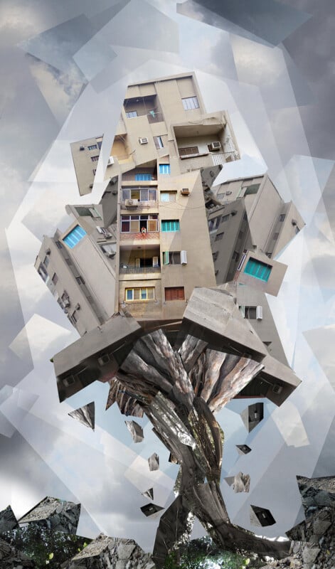A surreal image of an abstract tree with buildings as branches. The trunk is composed of stone-like textures, and the sky around is cloudy. The buildings feature windows and balconies, creating a dreamlike architectural fusion.