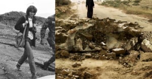 A woman walks along a muddy path beside a soldier in a black-and-white photo on the left. On the right, a color image shows a damaged road blocked by rocks and rubble, with a person walking away in the distance.