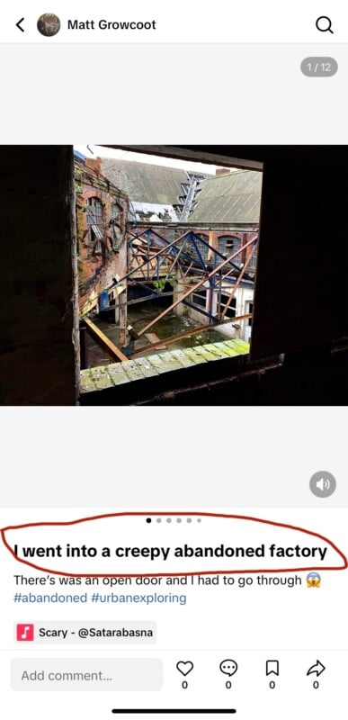 View through a broken window of an abandoned factory with debris and rusted beams. The caption reads, "went into a creepy abandoned factory." Hashtags include #abandoned and #urbanexploring.