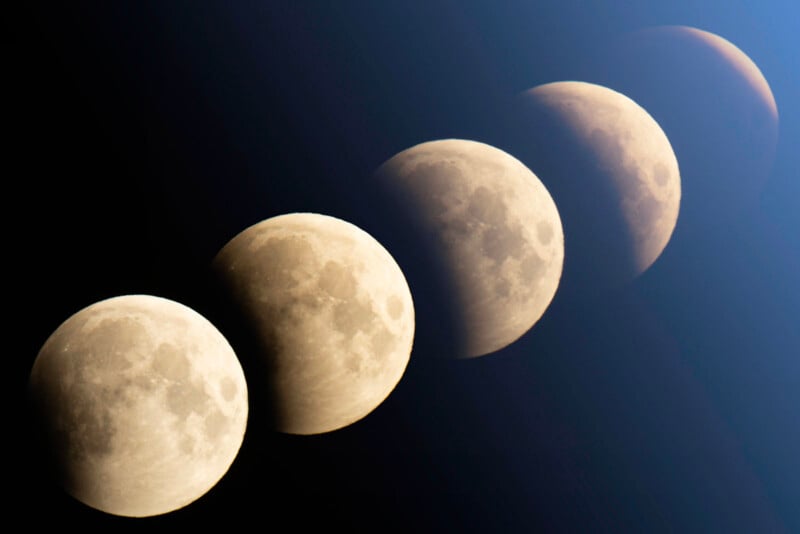 A sequence showing the lunar eclipse stages, with the moon transitioning from full visibility on the left to a shadowed crescent on the right, set against a gradient sky from dark to light blue.