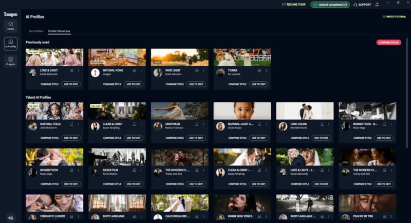 Screenshot of a photo editing software interface. The screen displays various image profiles and presets, each with a thumbnail and options like "Continue Edit." The background is dark, with navigation and menu options at the top.