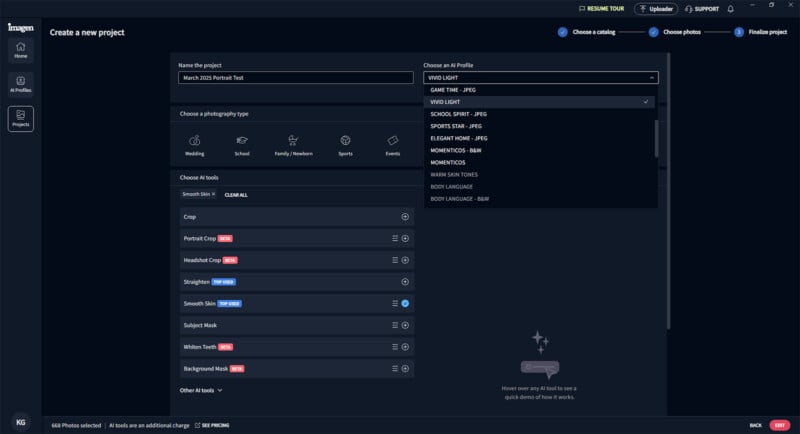 Screenshot of a photo editing software interface for creating a new project. Options include naming the project, choosing a profile, photography type, and tools like crop, retouching, sharpening, and resizing. A plus icon suggests adding files.