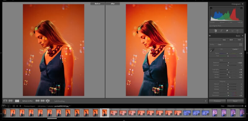 A photo editing software interface showing a before-and-after comparison of a portrait. The subject is a woman in a blue dress against an orange background. Editing tools and adjustments are visible on the right panel, with image thumbnails below.