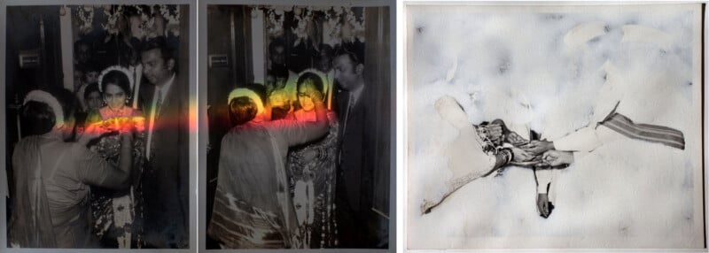 A series of three photographs. The first two photos show a wedding ceremony with a bride and groom facing guests, featuring a rainbow lens flare. The third photo is an abstract, faded black and white image, barely depicting the same scene.